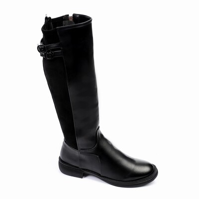 Leather & Suede Full Black Knee High Boots-3123