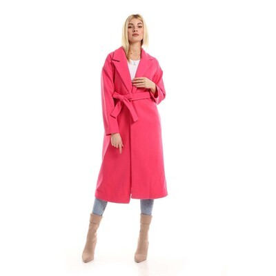 Wrap Belted Maxi Coat With Two Side Pockets - Fuchsia-2946