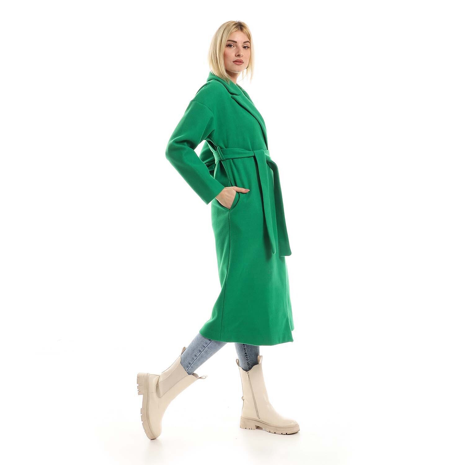 Trendy Long Coat With Notched Collar And External Belt - Green-2946