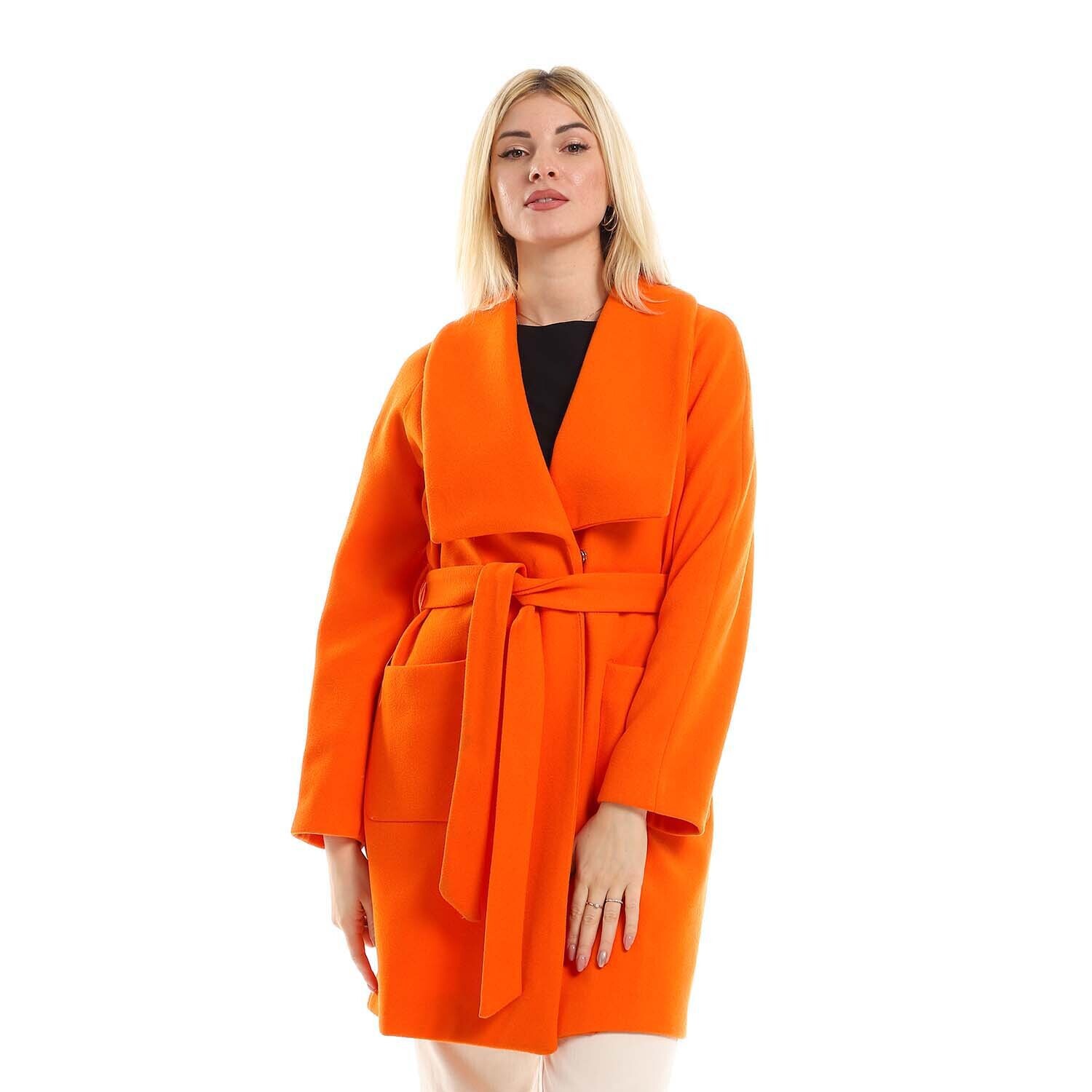 Mid-Thigh Length Popping Long Sleeved Coat With Square Pockets - Orange-2944