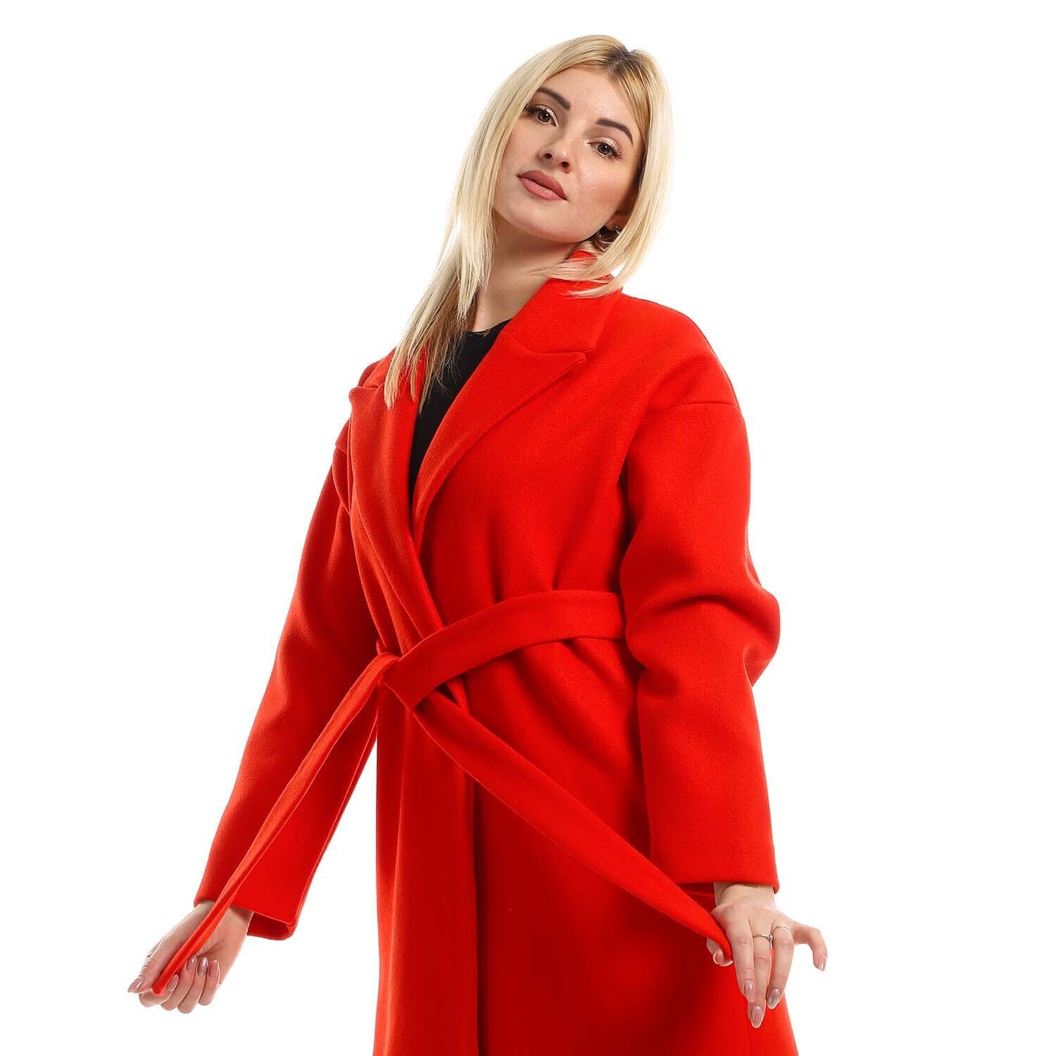 Maxi Flattering Belted Coat With Notched Collar And Side Pockets - Red-2946