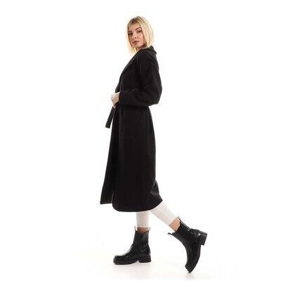 Elegant Black Notched Collar Coat With Two Side Pockets And External Belt -2946