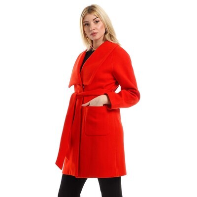 Trendy Belted Wool Blend Coat With Shawl Neckline - Red-2944