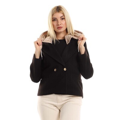 Cropped Chic Jacket With Adjustable Waterproof Hooded Neck - Black & Beige-2948