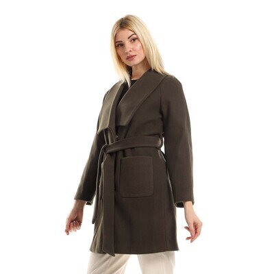 Dark Green Elegant Belted Coat With Shawl Collar And Side Pockets Design-2949