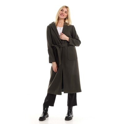 Essential Hooded Long-Sleeved Coat With Two Square Pockets - Dark Green-2945