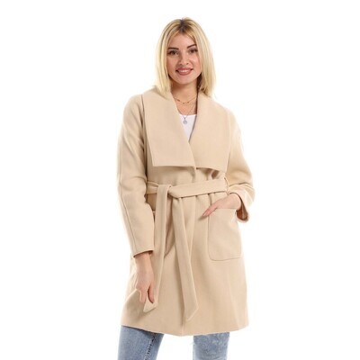 Flattering Belted Coat With Shawl Neck and Side Pockets - Beige-2944