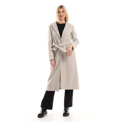 Everyday Winter Long Belted Coat With Hooded Neck - Heather Grey-2945