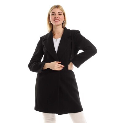 Classic Notched Collar Coat With Single Button Closure - Black-2943
