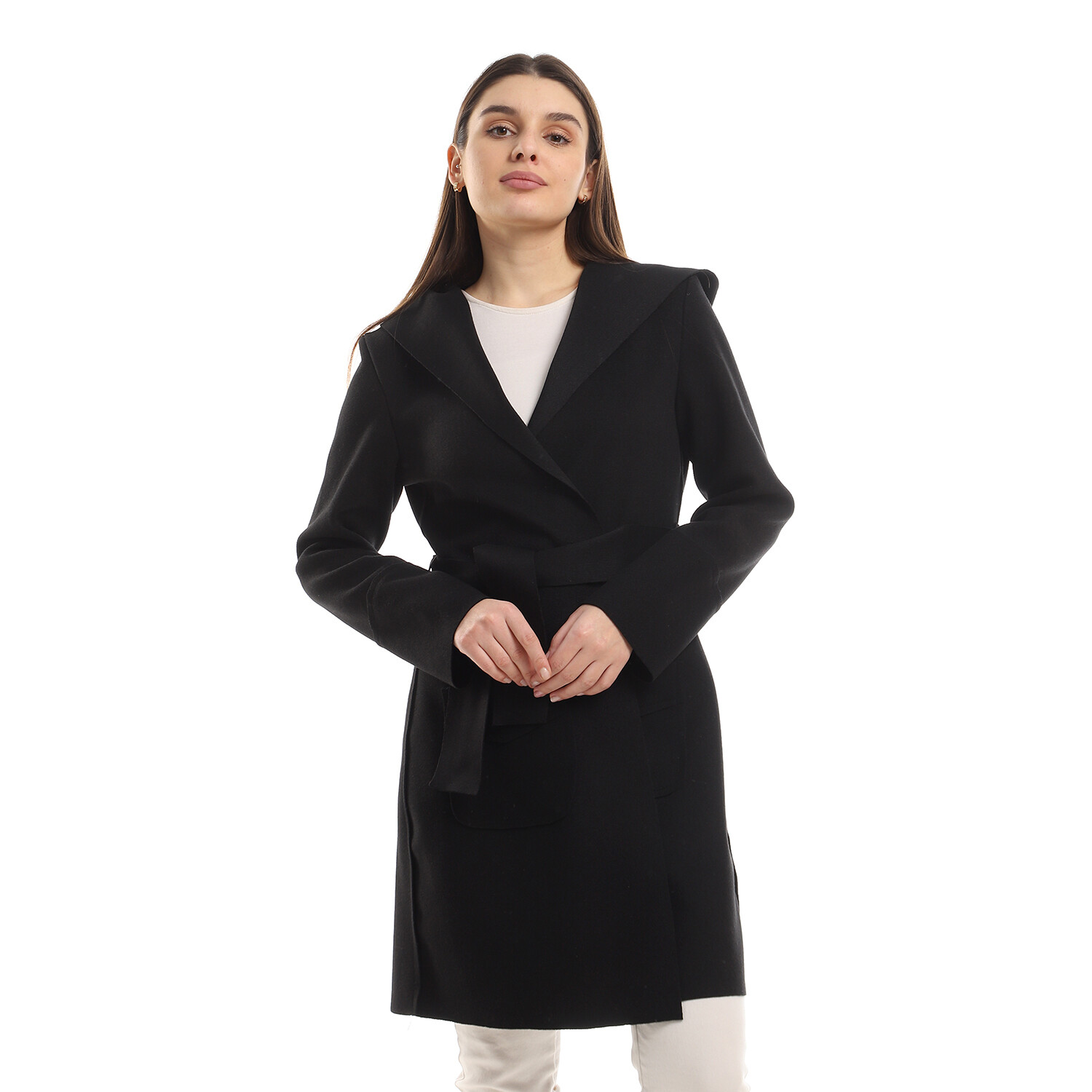Plain Long Sleeved Coat - Black-2935