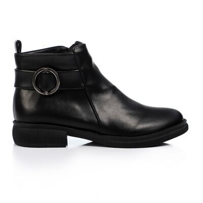 Side Zipper Leather Ankle Boots - Black-3880