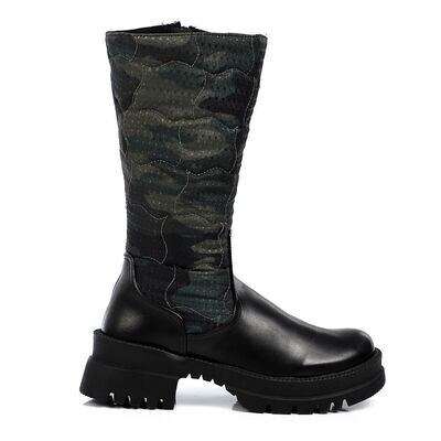 Army Pattern Quilted Zipper Mid-Calf Boots - Black & Green-3879