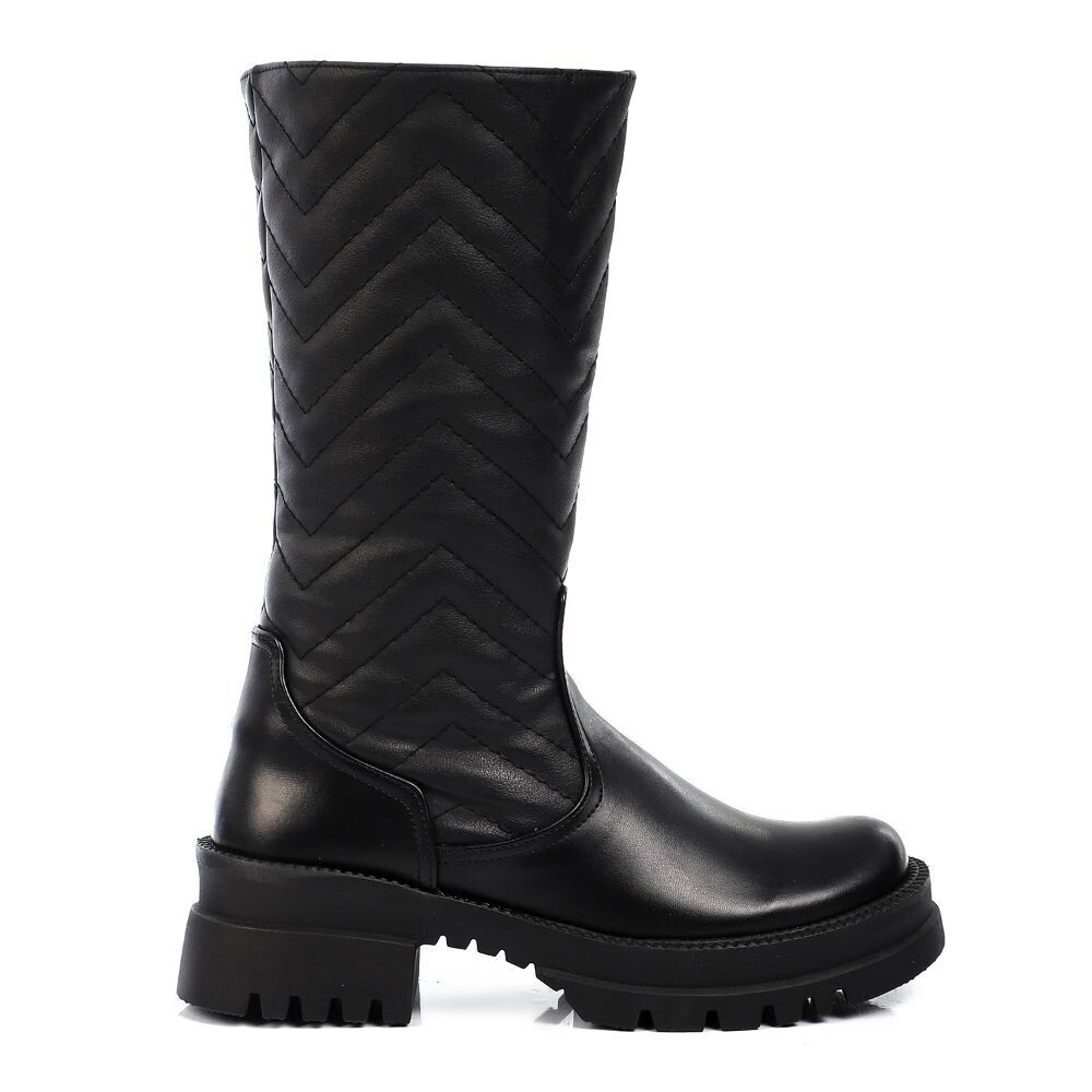 Quilted Leather Zipper Mid Calf Boots - Black-3879