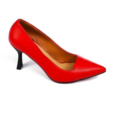 Leather Pointed Slip On Mid Heel Pumps - Red-3980