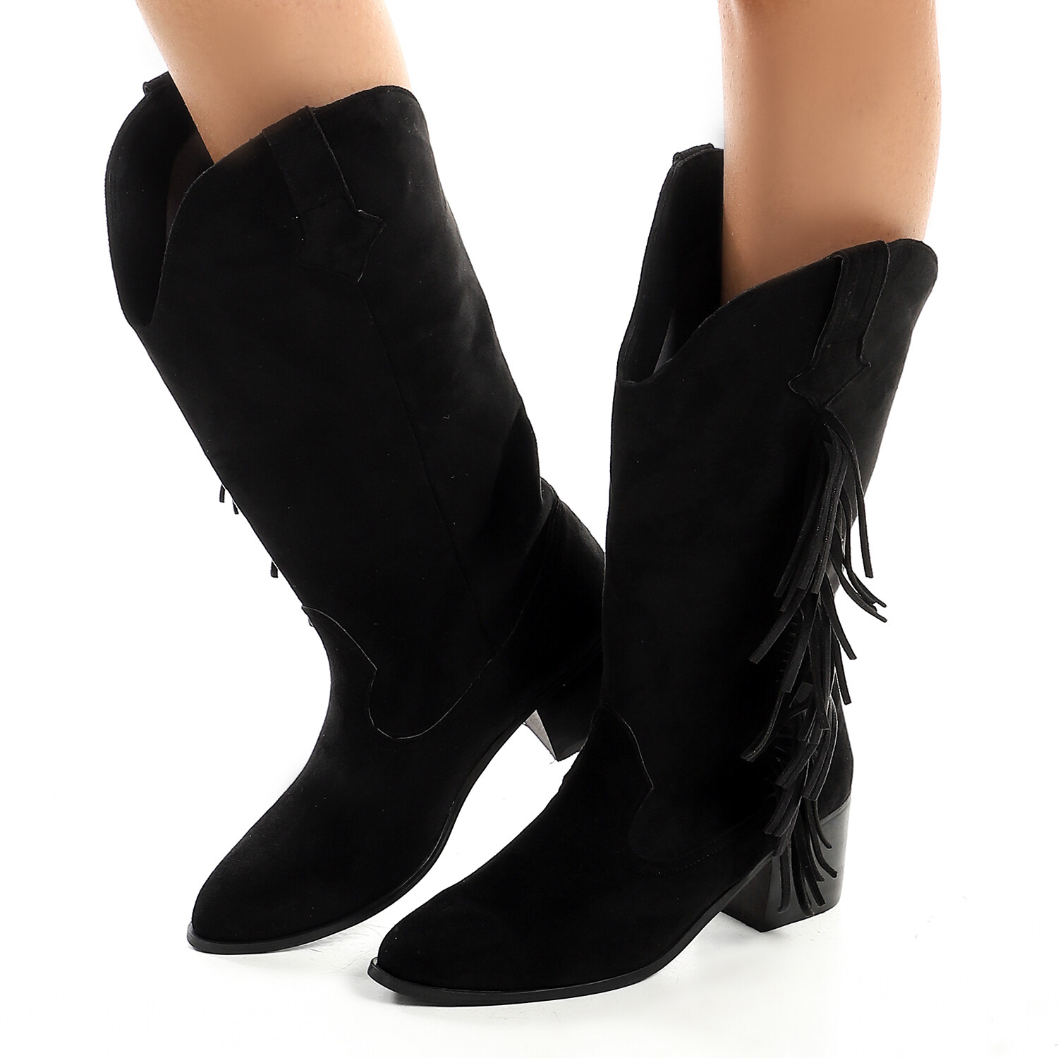 Suede Mid Calf Heeled Boot With Decorated Fringes-3884
