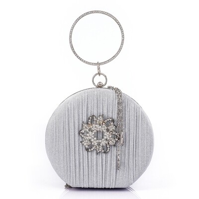 Oval Shaped Gittery Clutch with Decorative Front Flower - Silver-4938