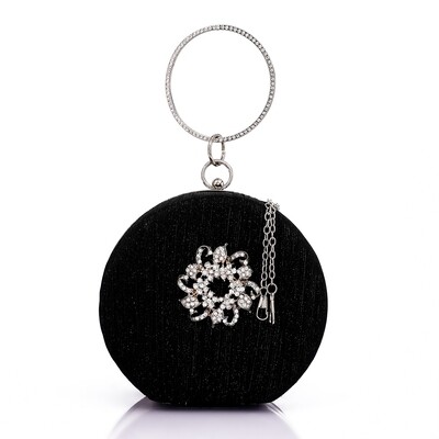 Oval Shaped Gittery Clutch with Decorative Front Flower - Black-4938