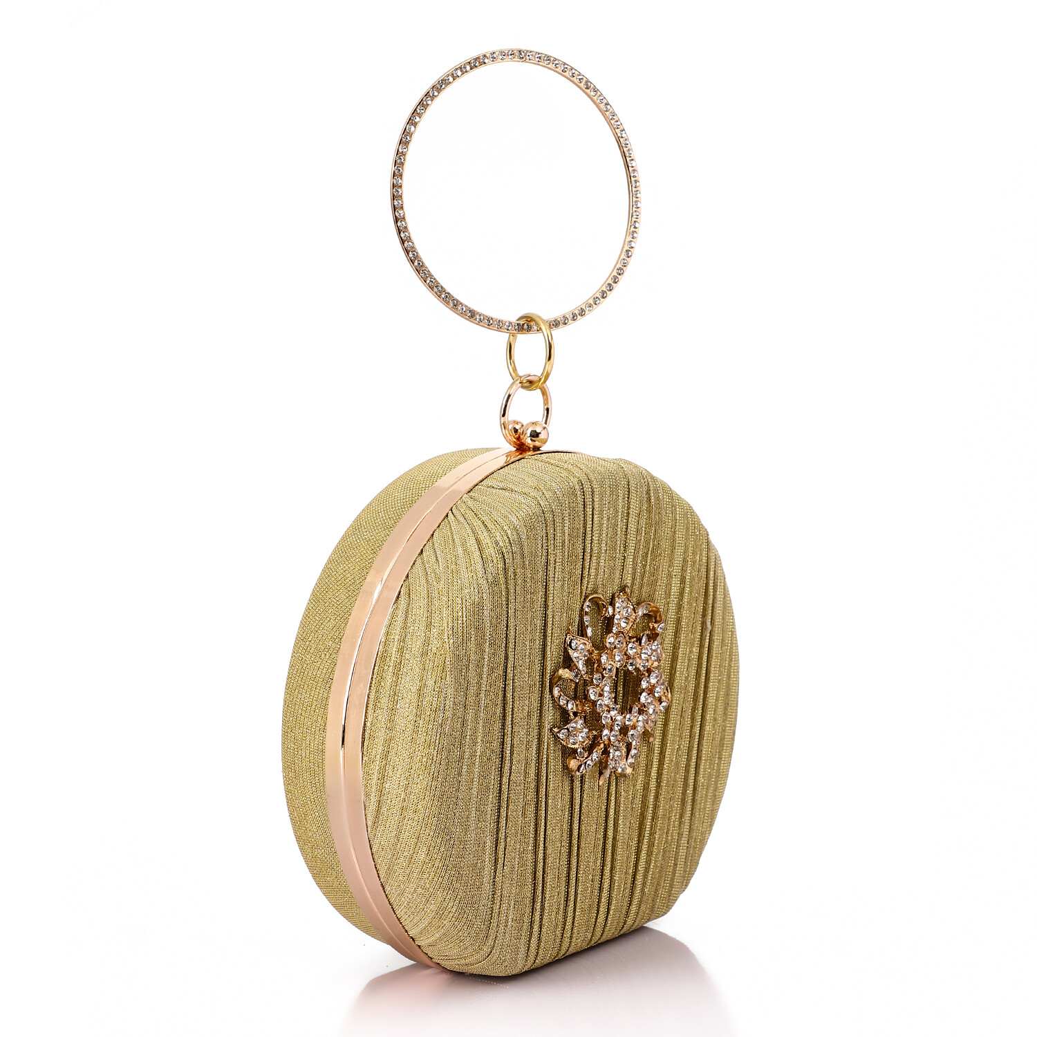 Oval Shaped Gittery Clutch with Decorative Front Flower - Gold-4938