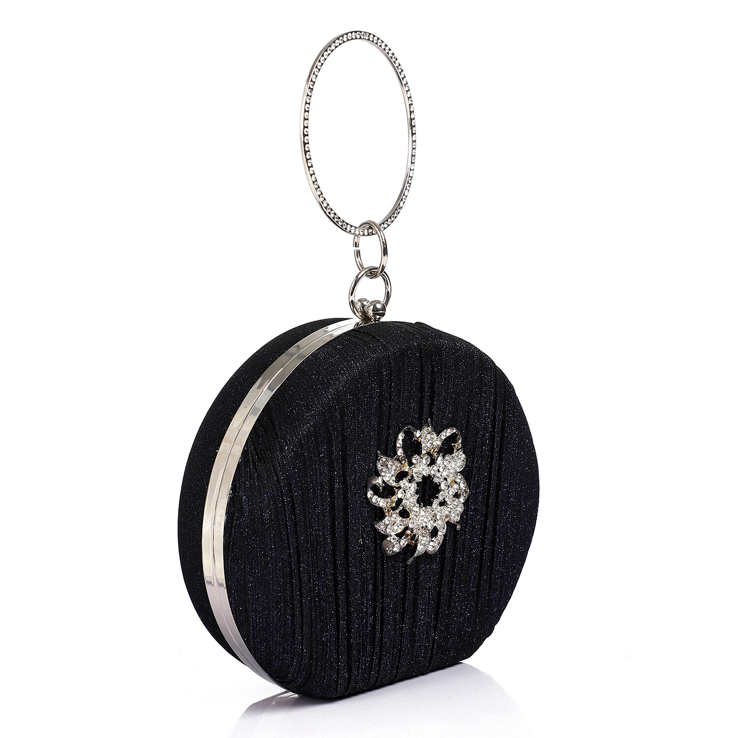 Oval Shaped Gittery Clutch with Decorative Front Flower - Navy Blue-4938