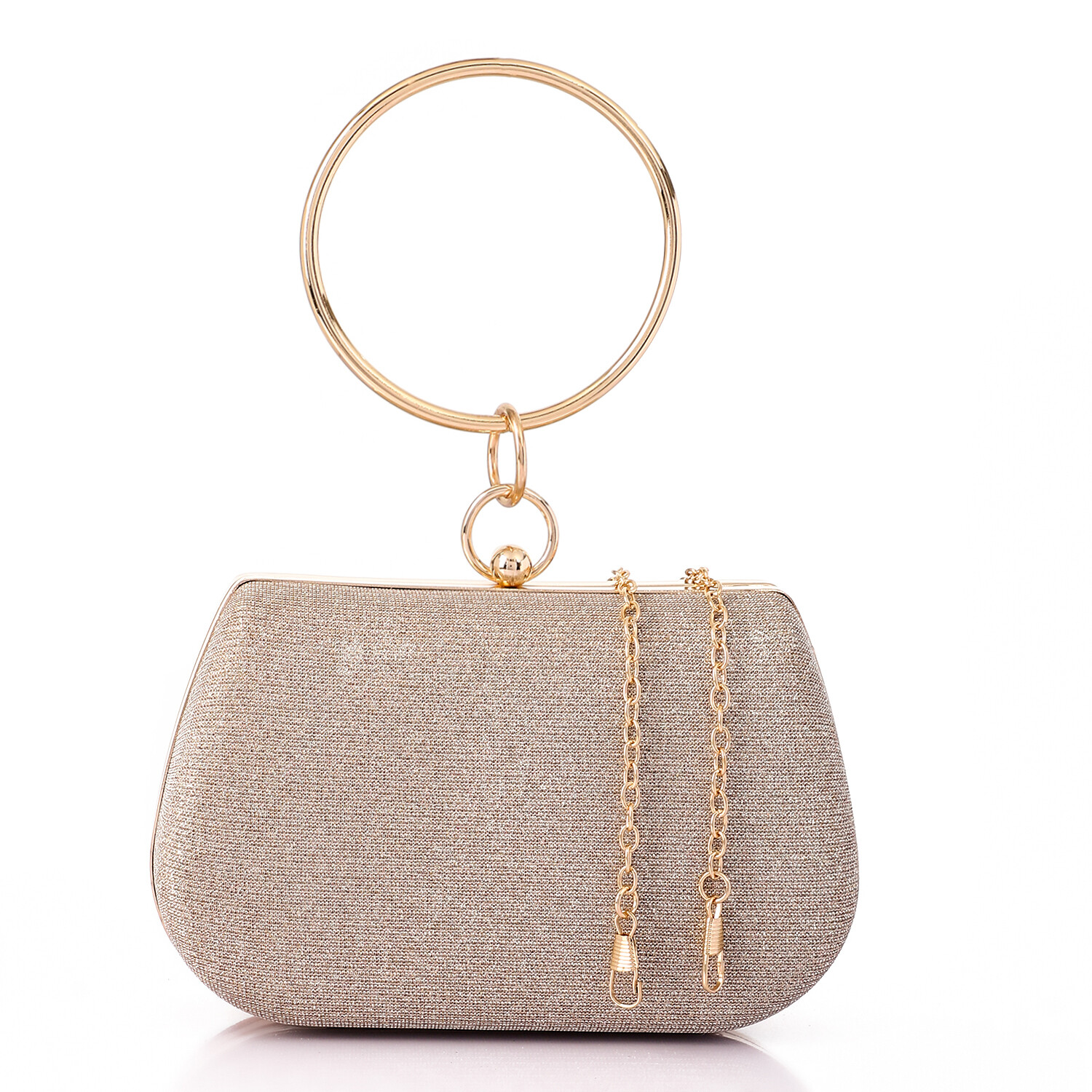 Glittery Champagne Clutch with Decorative Cicular Handle-4941