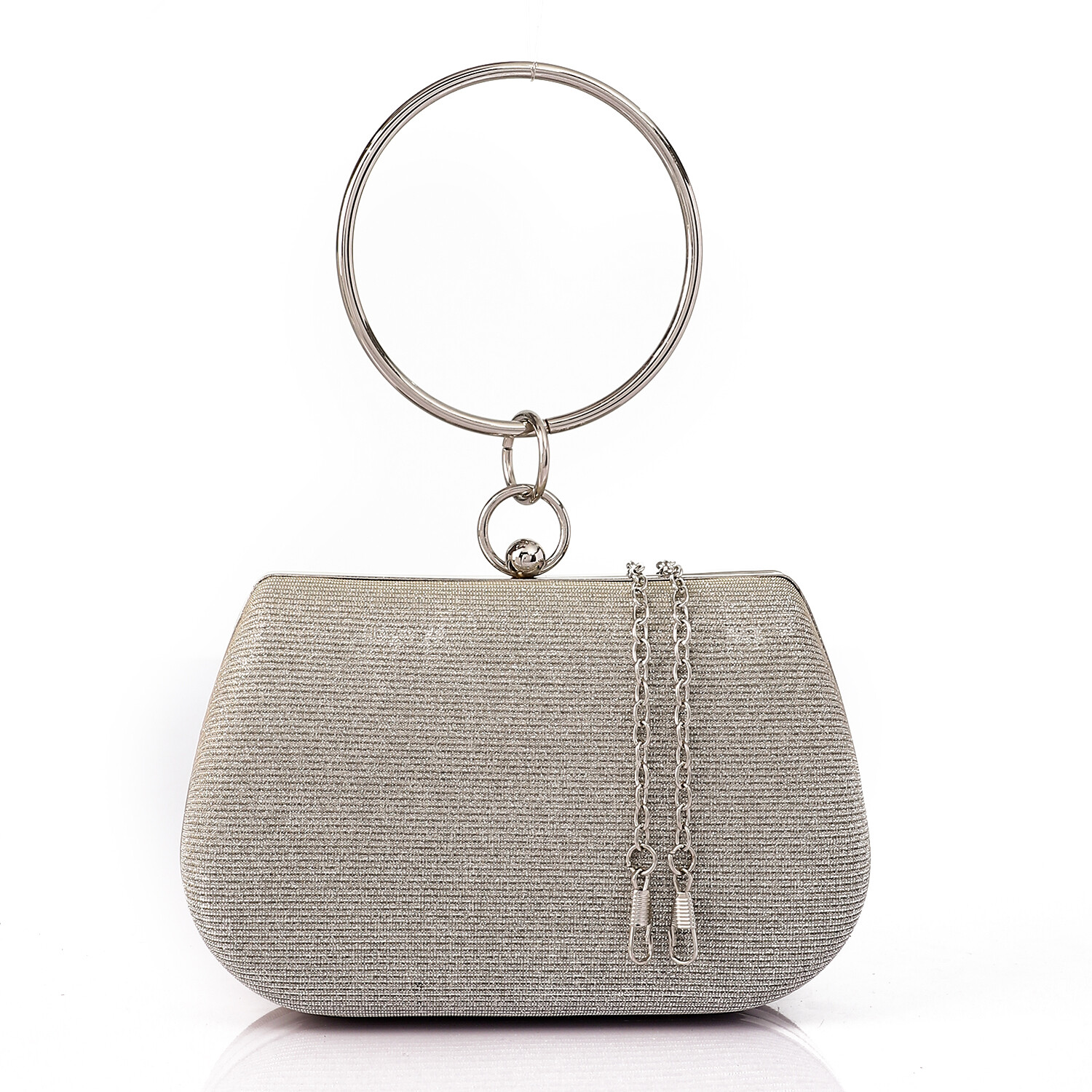 Glittery Silver Clutch with Decorative Cicular Handle-4941