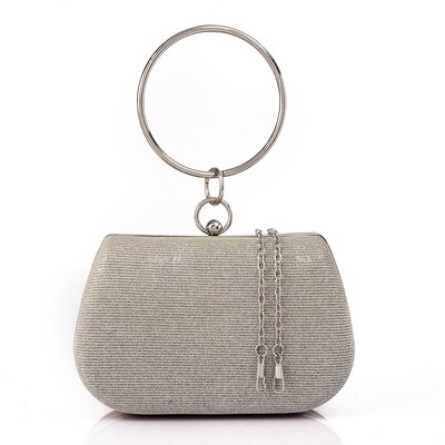 Glittery Silver Clutch with Decorative Cicular Handle-4941