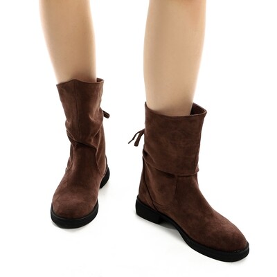 Suede Round Toe Mid Calf Boots - Brown-3887