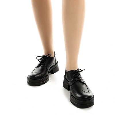 Chunky Semi Formal Lace Up Leather Shoes - Black-3886