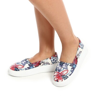 Floral Flat Espadrilles - White, Navy Blue & Red 3890