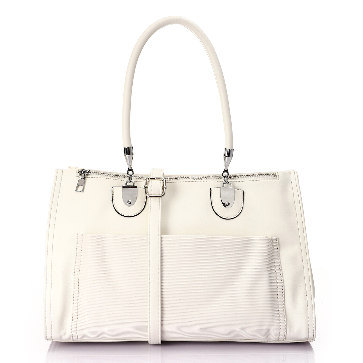 Leather Zipper Handbag With Front Ribbed Pocket - White-4950