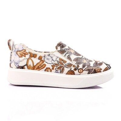 Textured Floral Leather Slip On Casual Shoes - White, Beige & Lilac-3891