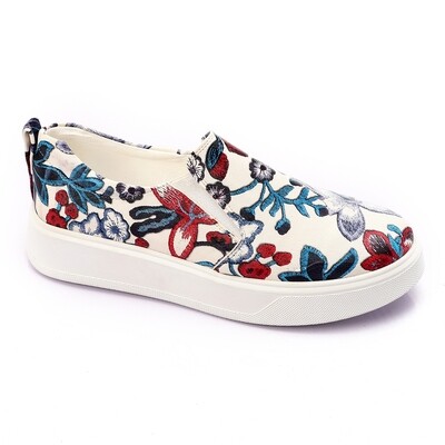 Textured Floral Leather Slip On Casual Shoes - White, Blue & Red-3891