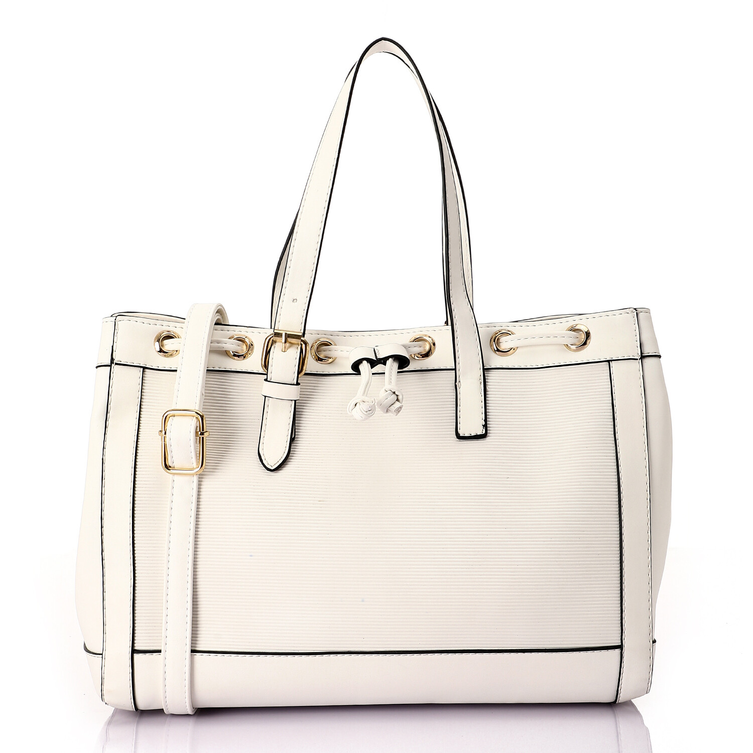 Front Ribbed Leather Handbag With Decorative Drawstring - White-4952