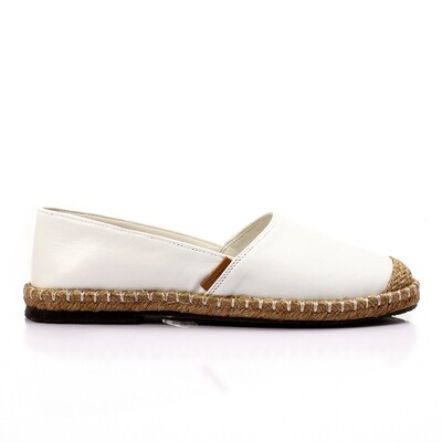 Trendy Leather Espadrilles With Straw Round Toe - White -3894