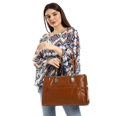 Leather Zipper Handbag With Front Ribbed Pocket - Havana-4950