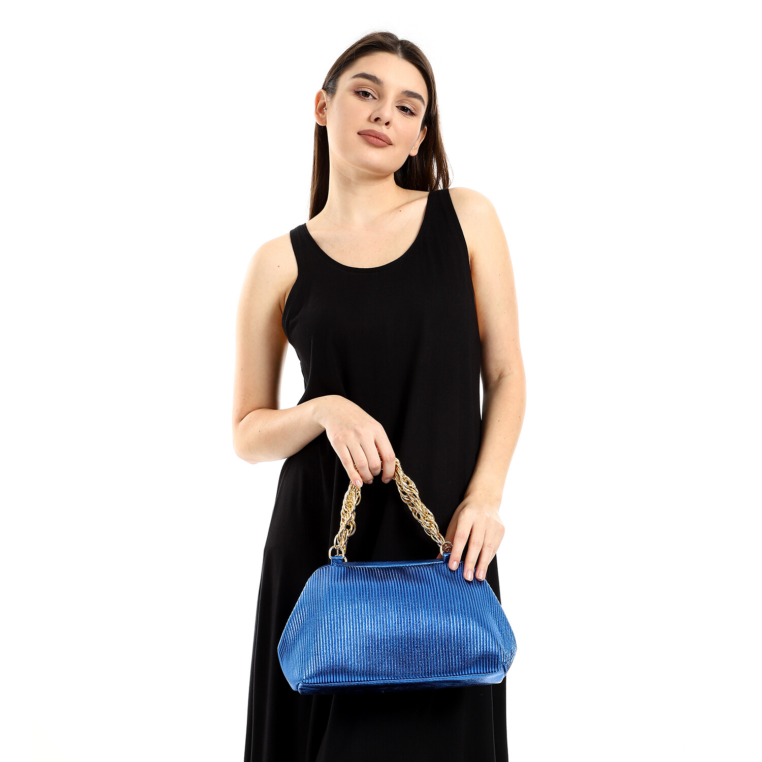 Ribbed Leather Fashionable Handbag - Royal Blue
-4951