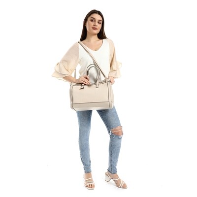 Front Ribbed Leather Handbag With Decorative Drawstring - Beige-4952