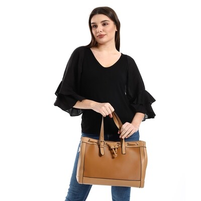 Front Ribbed Leather Handbag With Decorative Drawstring - Coffe-4952