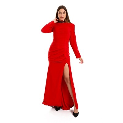 Beaded Neck Long Sleeves Gathered Side Long Soiree Dress - Red 8700