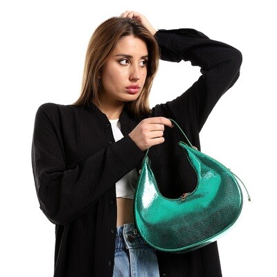 Textured Zipper Closure Handbag - Metallic Green 4954