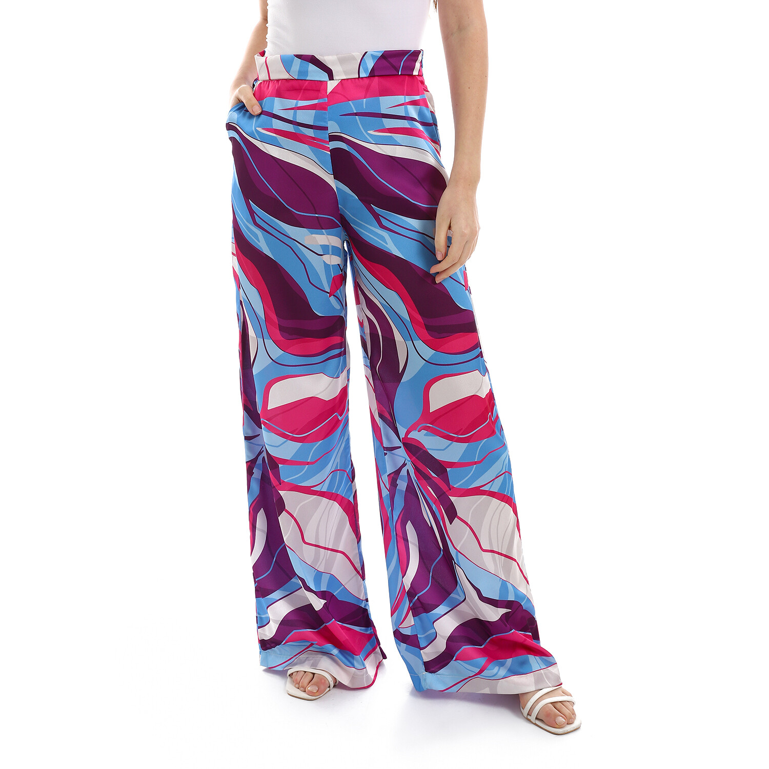 Self Patterned Silk Pants - Purple, Light Blue, Fuchsia & White 2960