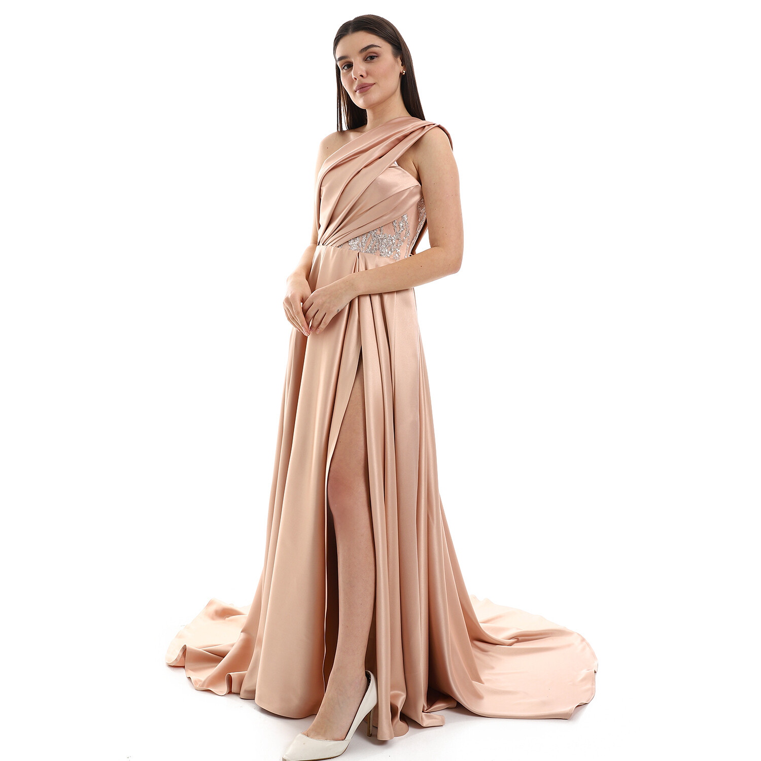 Glitter Details Over Nude Pink One-Shoulder Soiree Dress 8713