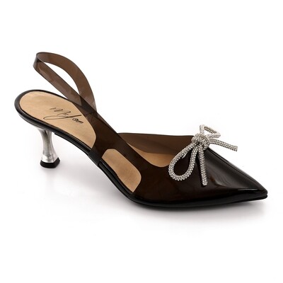 Pointed Toecap Transparent Heeled Slingback Sandal with Decorated Bow - Black 3898