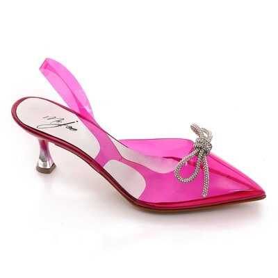 Pointed Toecap Transparent Heeled Slingback Sandal with Decorated Bow - Fuchsia 3898