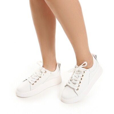 Plain Lace Up Leather Platform Sneakers - White - 3942