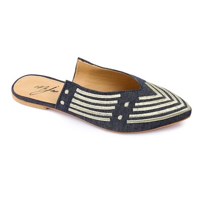 Pointed Toecap Flat Canvas Mules - Blue & Gold - 3944