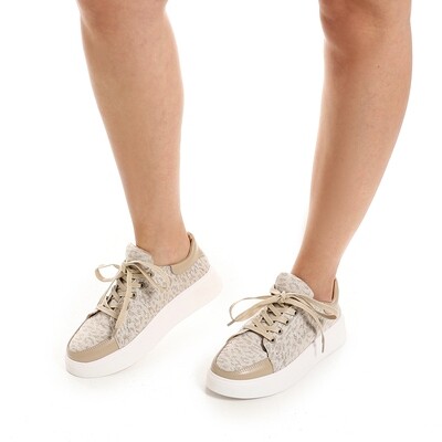 Tiger Print Lace Up Platform Sneakers - Gold, Beige & White - 3946