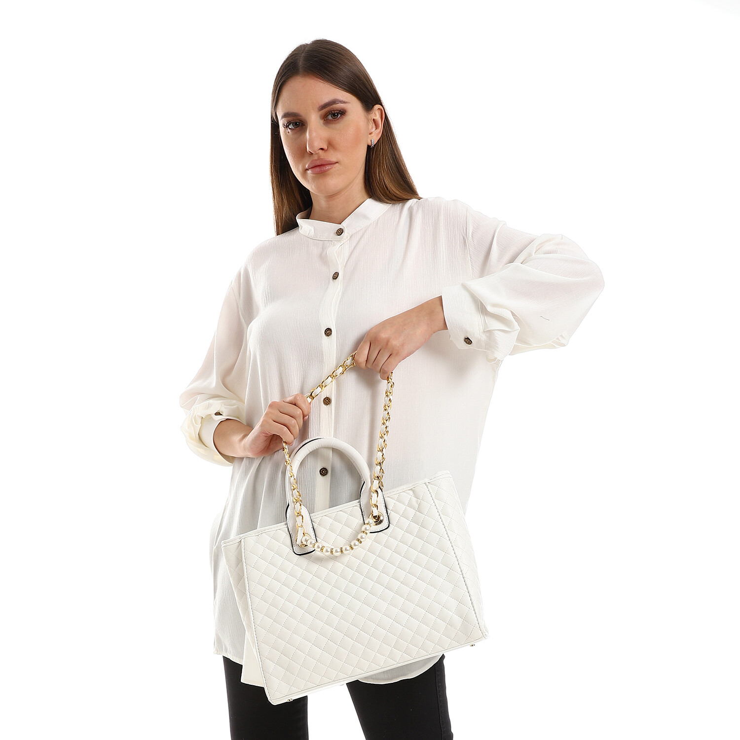 Lattice Patterned Double Handbag with Decorated Pearls - White - 4975