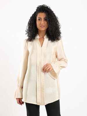 Self Patterned V Neck Long Sleeves Blouse With Poet Cuffs - Simon 2977