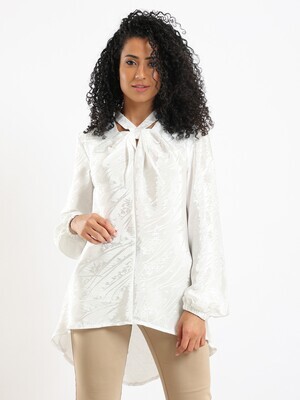 Self Patterned High-Low Long Sleeved Blouse With Twisted Cut-Out Neckline and Elasticated Cuffs - White 2979